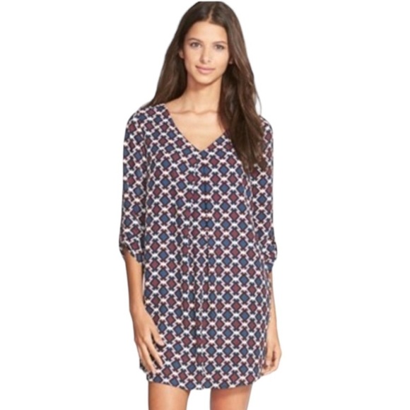 LUSH Karly V-neck Shift Dress Blue Purple White Geometric Pattern Women's XS - Picture 1 of 14